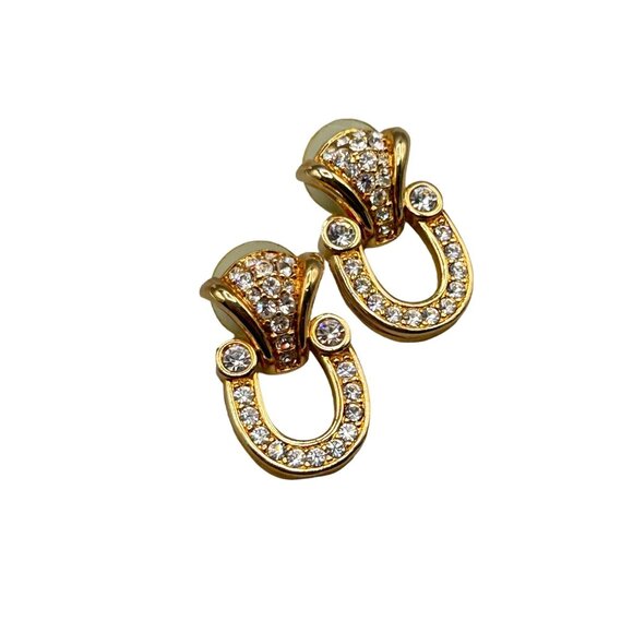 Swarovski Earrings Swan Signed Gold Tone Crystal Horseshoe Door Knockers - Picture 1 of 5